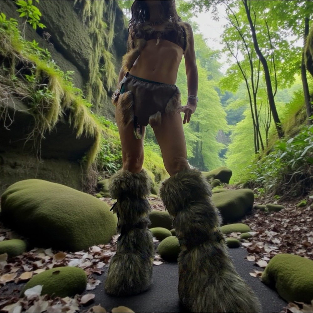 Dolls kill Shrek boots with cave girl leather costume